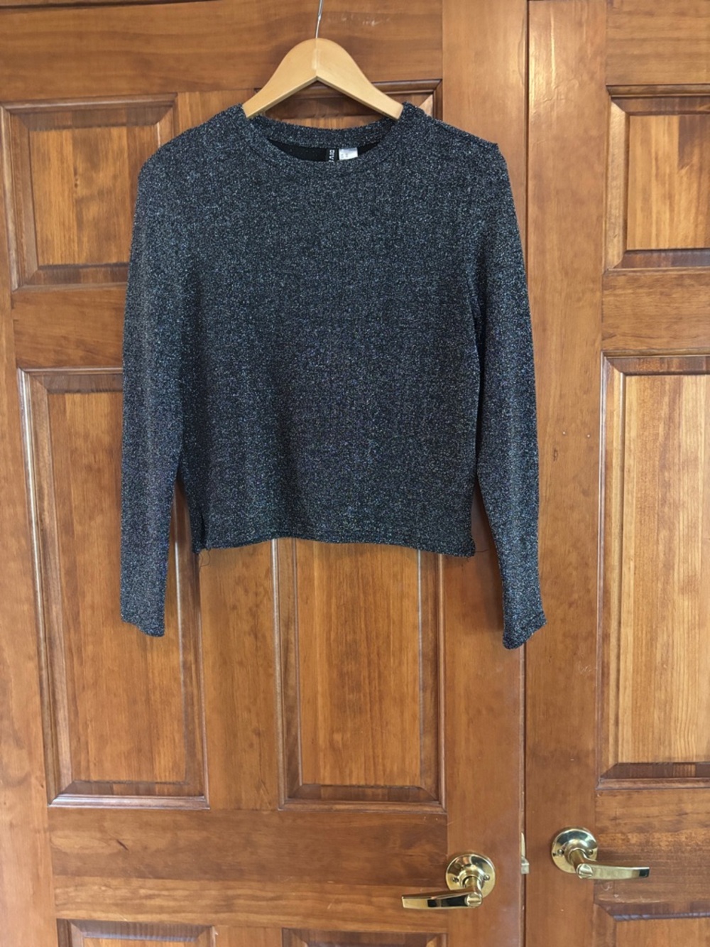 Divided Sparkle Crewneck Long-Sleeve Top - Black/Silver